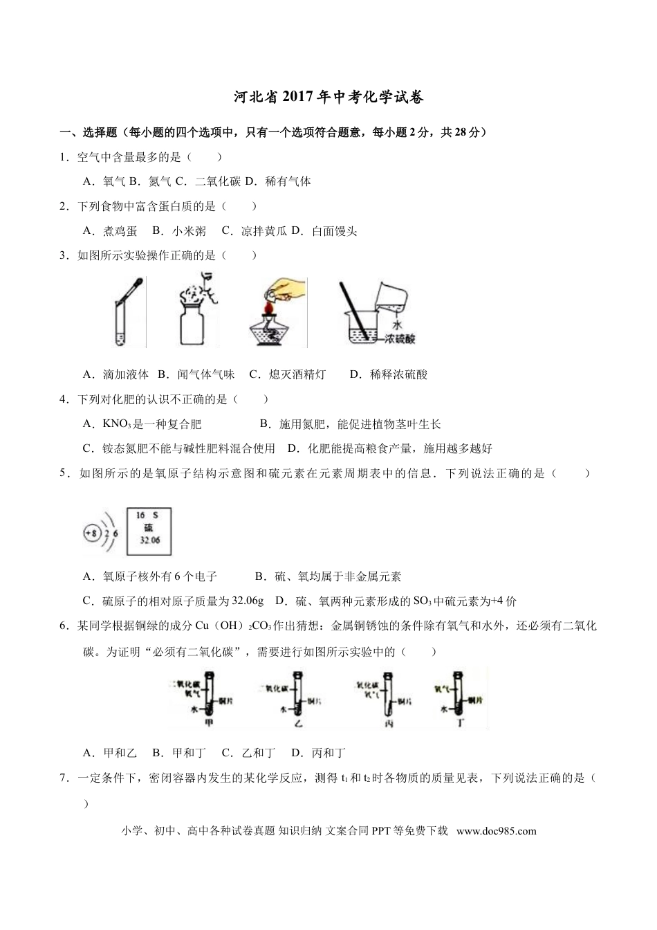 2017年河北省中考化学真题（空白卷）.doc