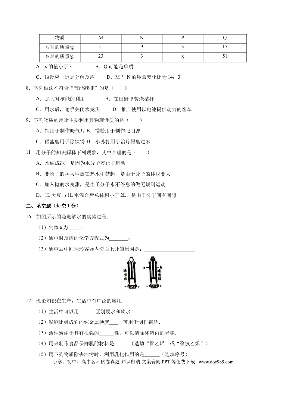 2017年河北省中考化学真题（空白卷）.doc