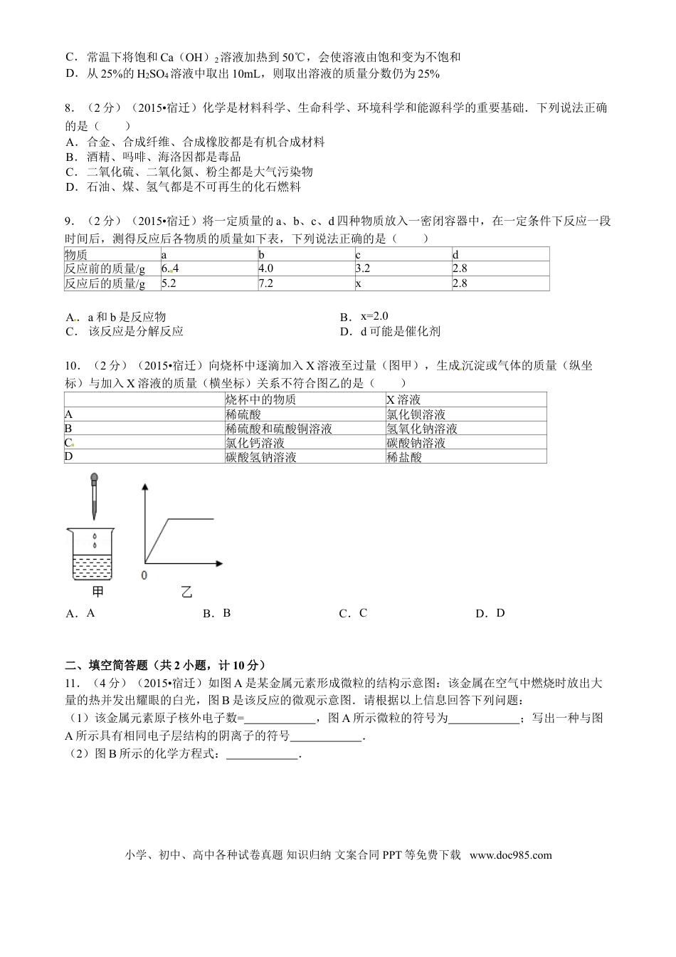 2015年江苏省宿迁市中考化学试题及答案.doc