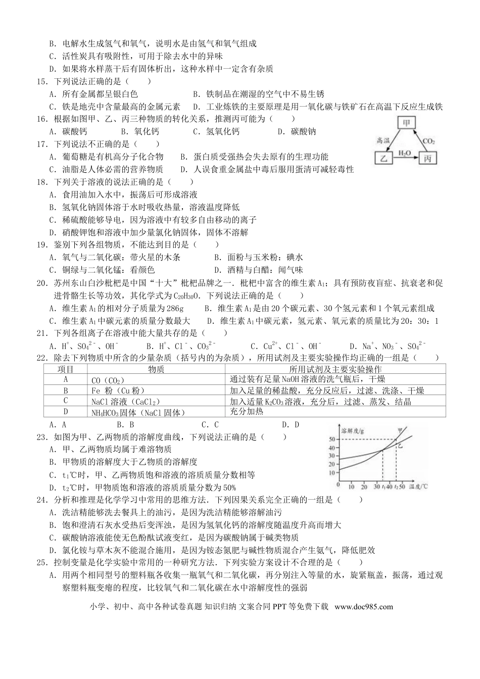 2016年苏州市中考化学试卷及答案.doc