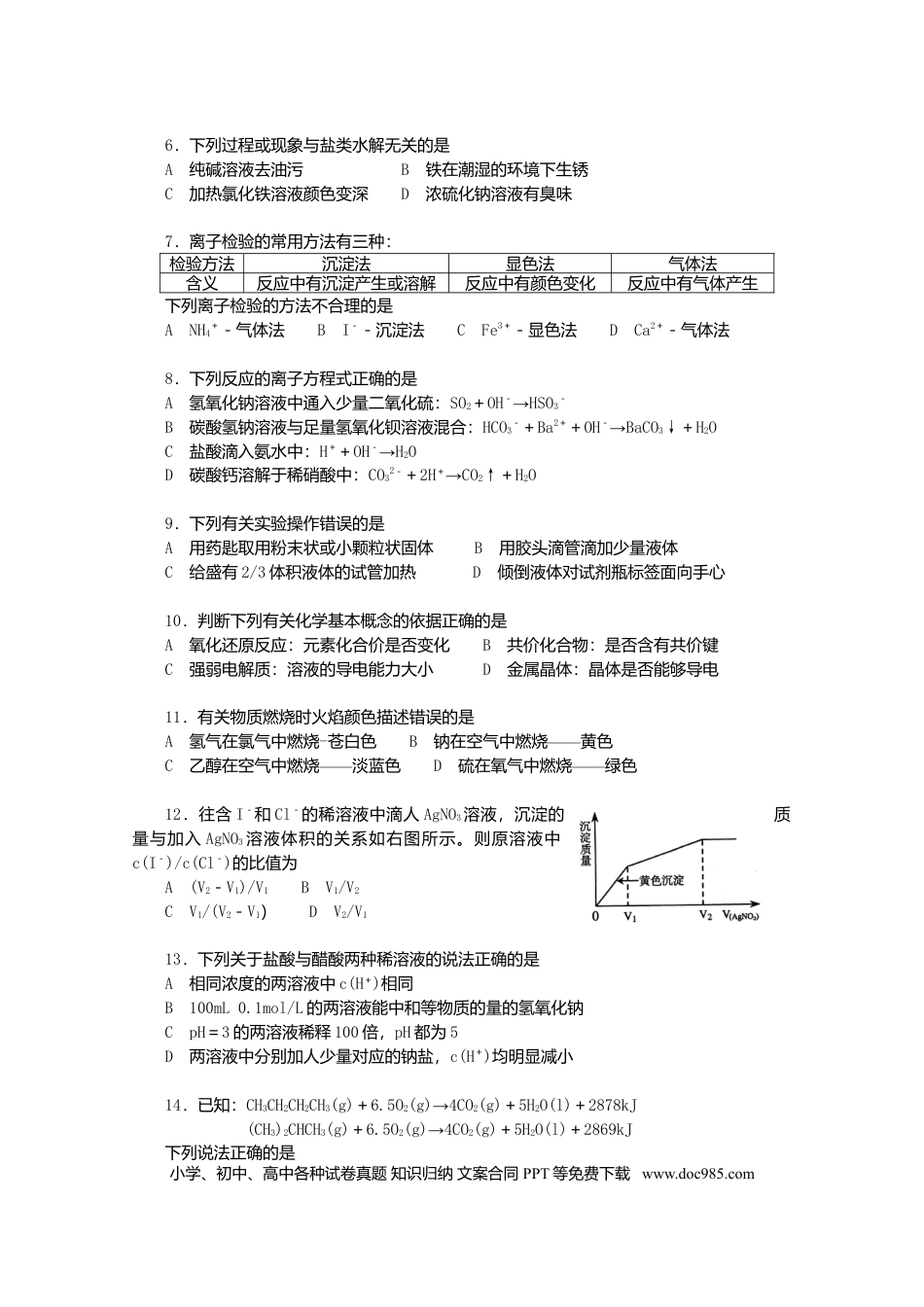 2007年上海高考化学真题（原卷版）.doc