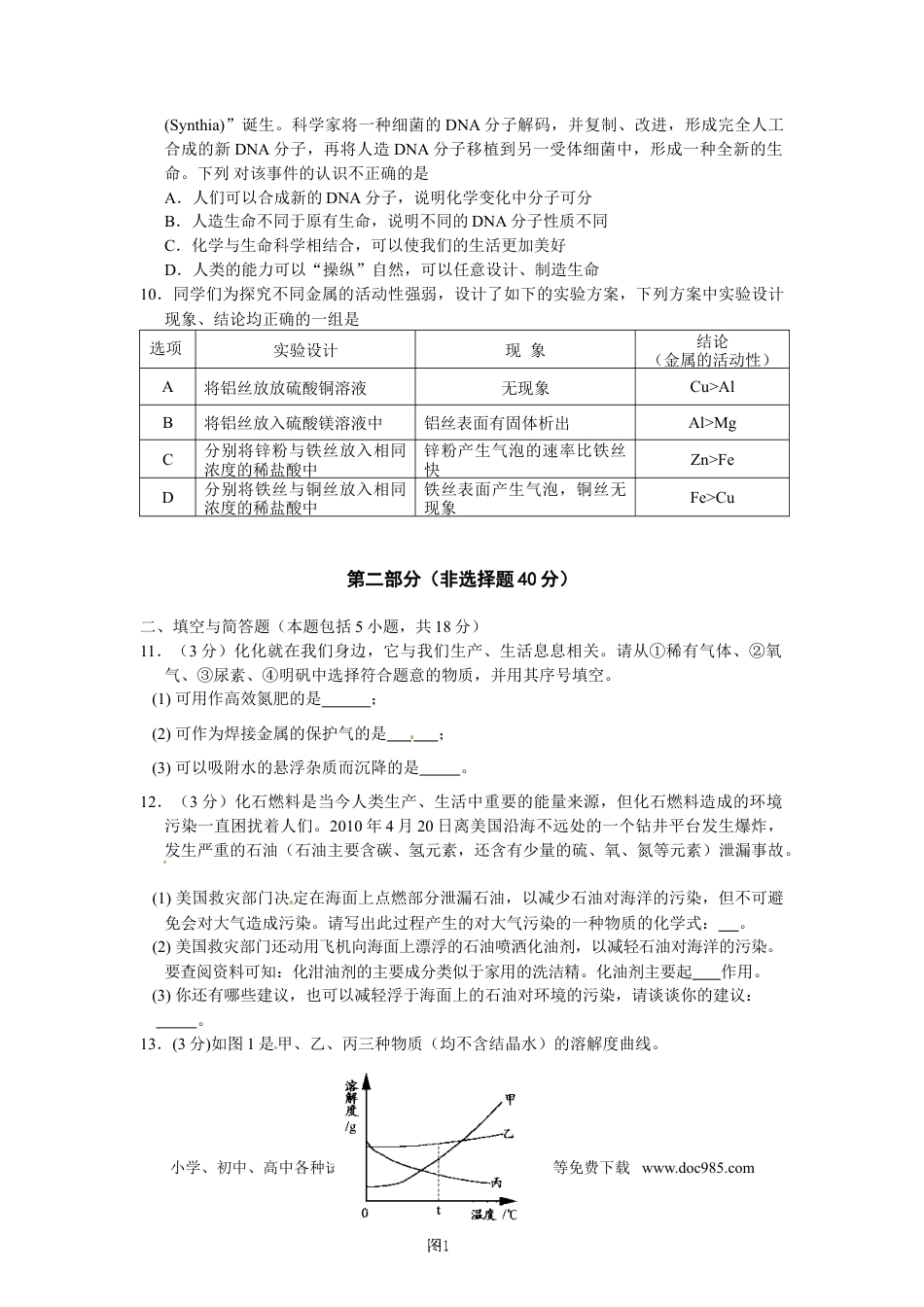 2010年江苏省淮安市中考化学试题及答案.doc
