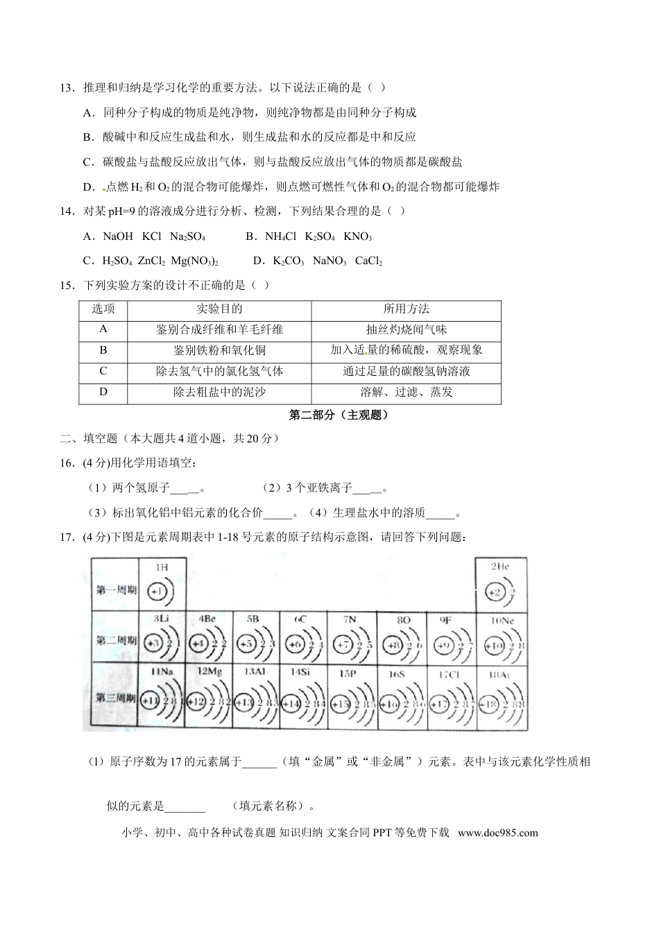 2017年辽宁省营口市中考化学试题（空白卷）.doc