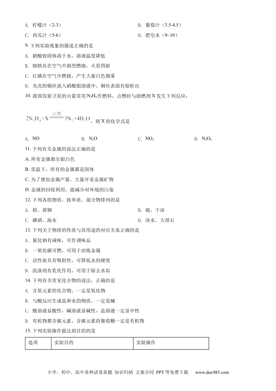 2022年辽宁省铁岭、葫芦岛中考化学真题（空白卷）.docx