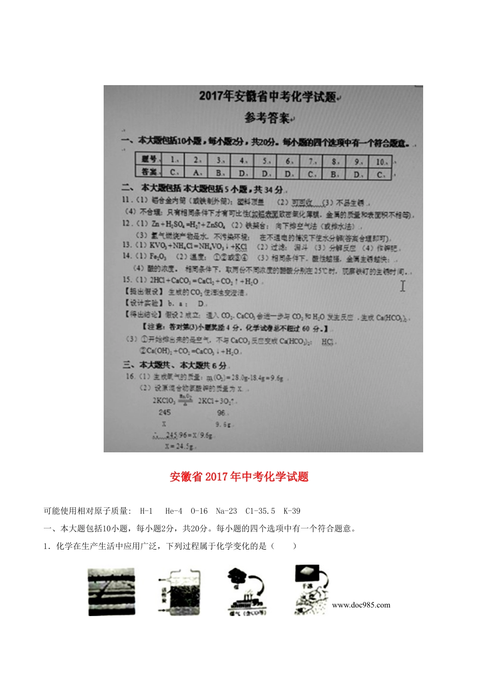 2017年安徽省中考化学真题（解析卷）.DOC