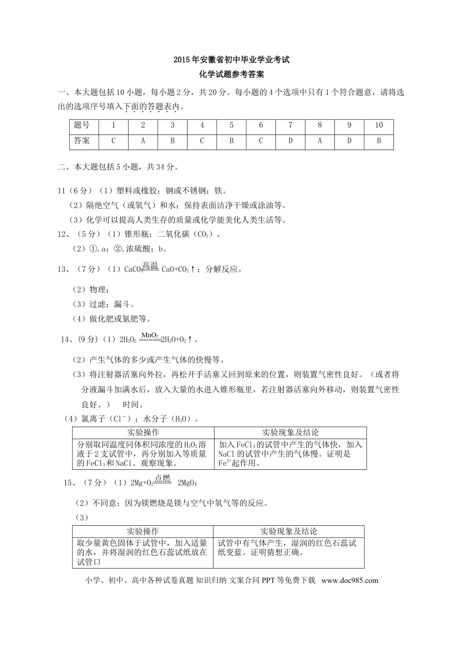 2015年安徽省中考化学真题（解析卷）.doc