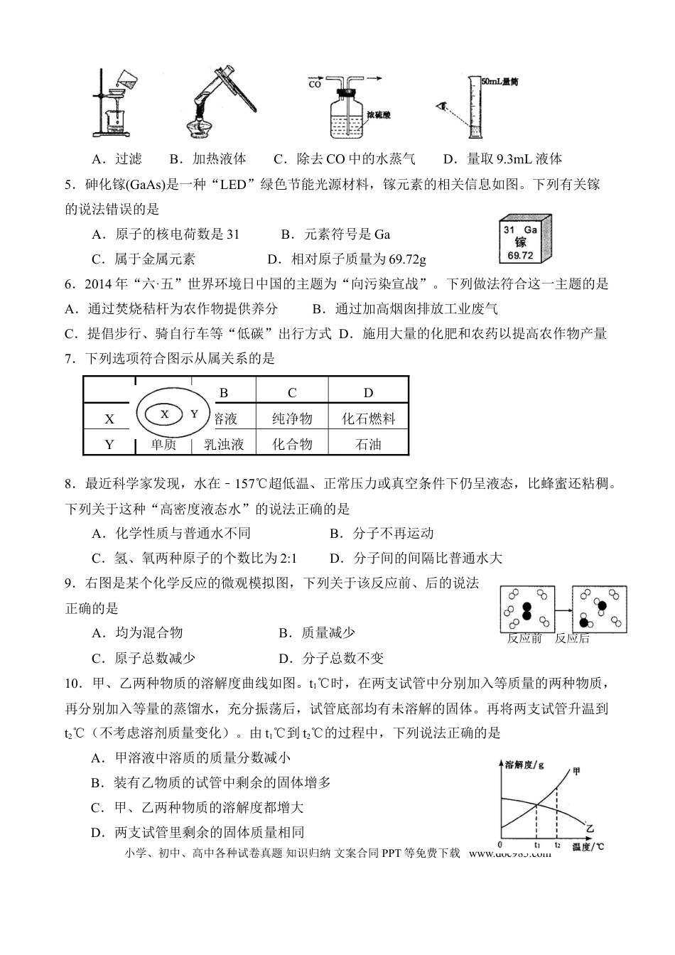 2014年安徽省中考化学真题及答案.doc
