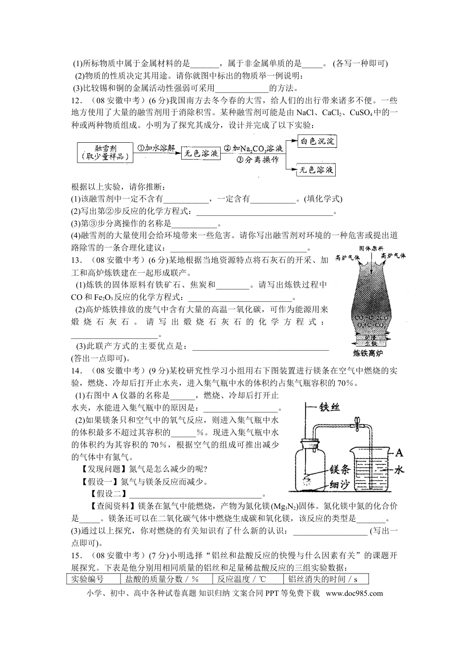 2008年安徽省中考化学真题及答案.doc
