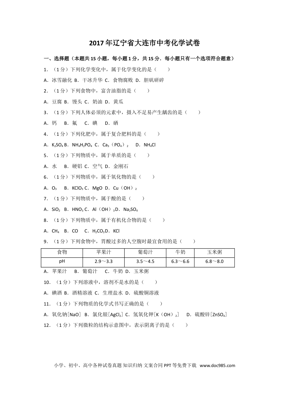 2017年辽宁省大连市中考化学试卷及解析.doc