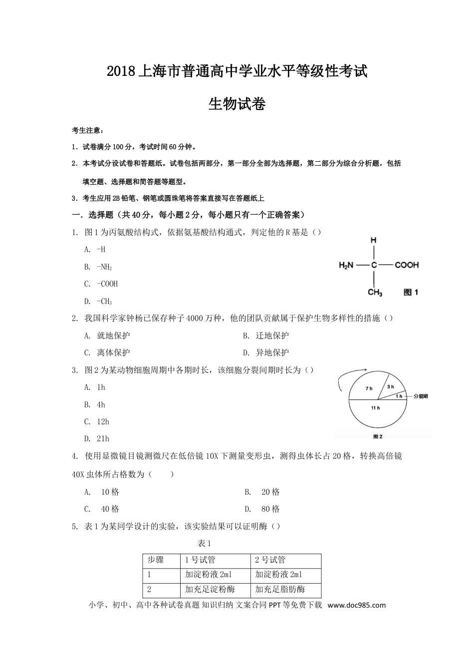 2018年上海高考生物真题及答案.doc