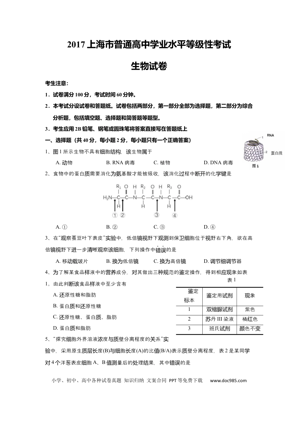 2017年上海高考生物真题及答案.docx