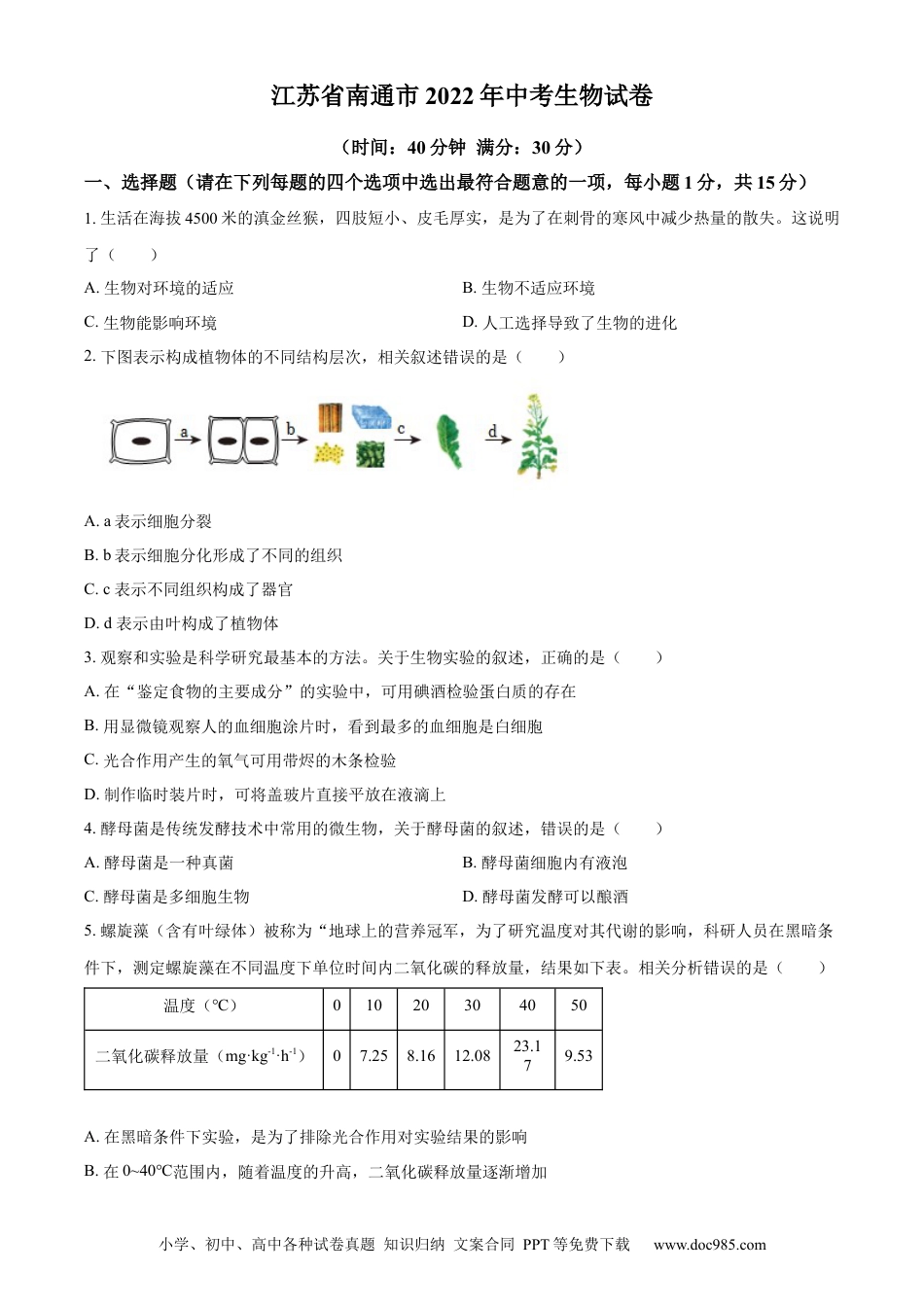 精品解析：2022年江苏省南通市学考生物真题（原卷版）.docx