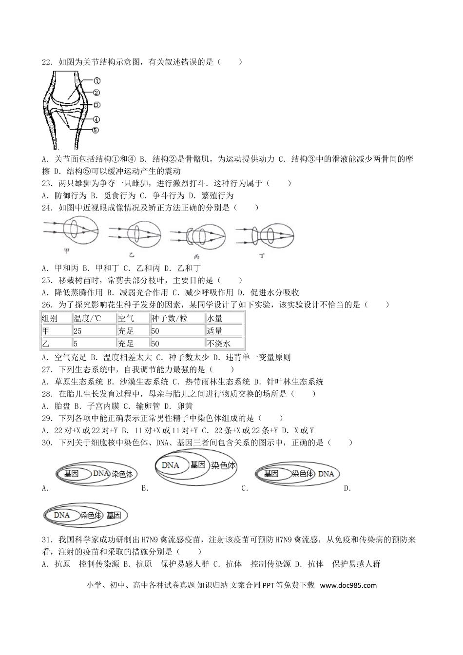 江苏省宿迁市2016年中考生物真题试题（含解析）.doc