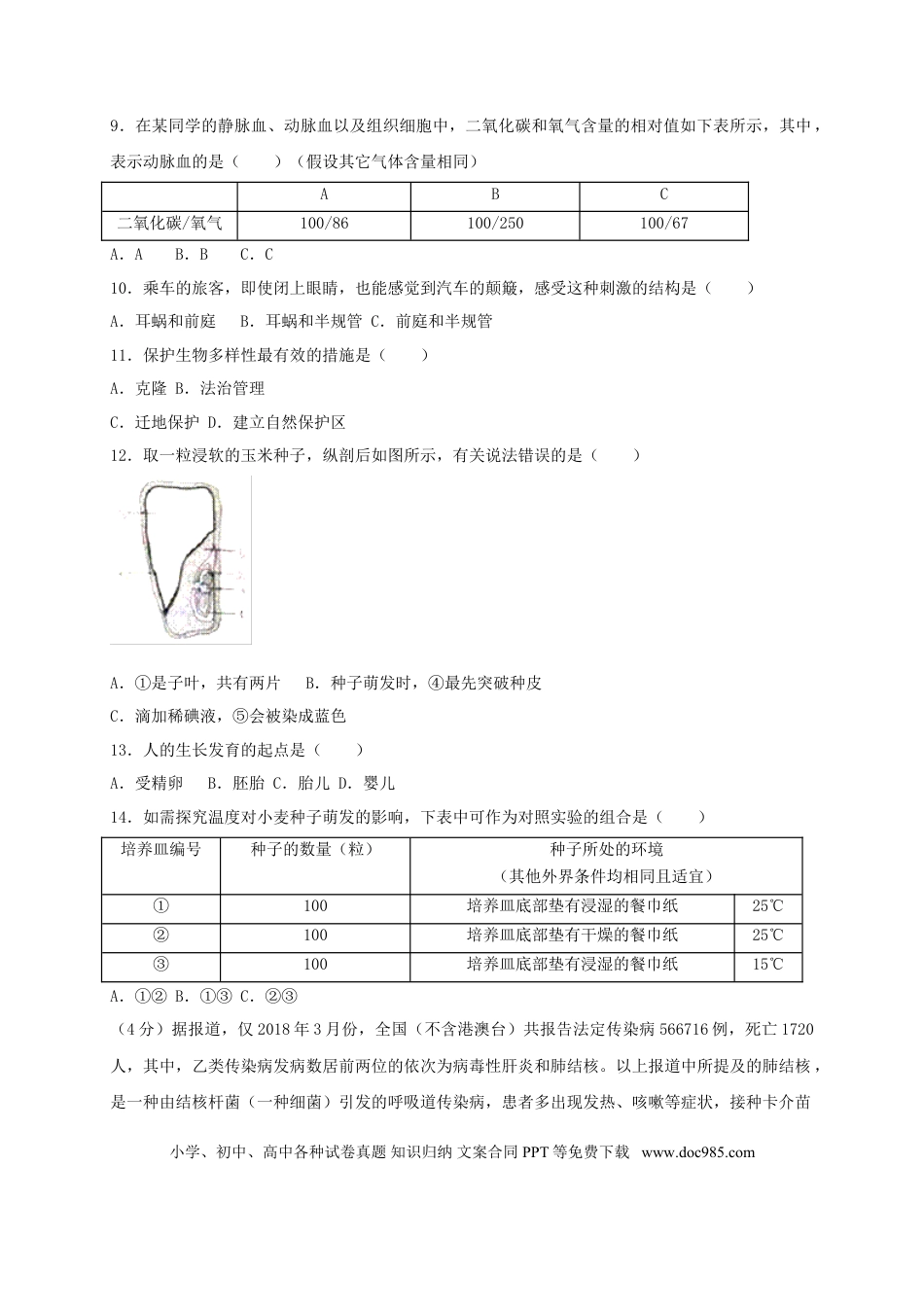 江苏省淮安市2018年中考生物真题试题（含答案）.doc