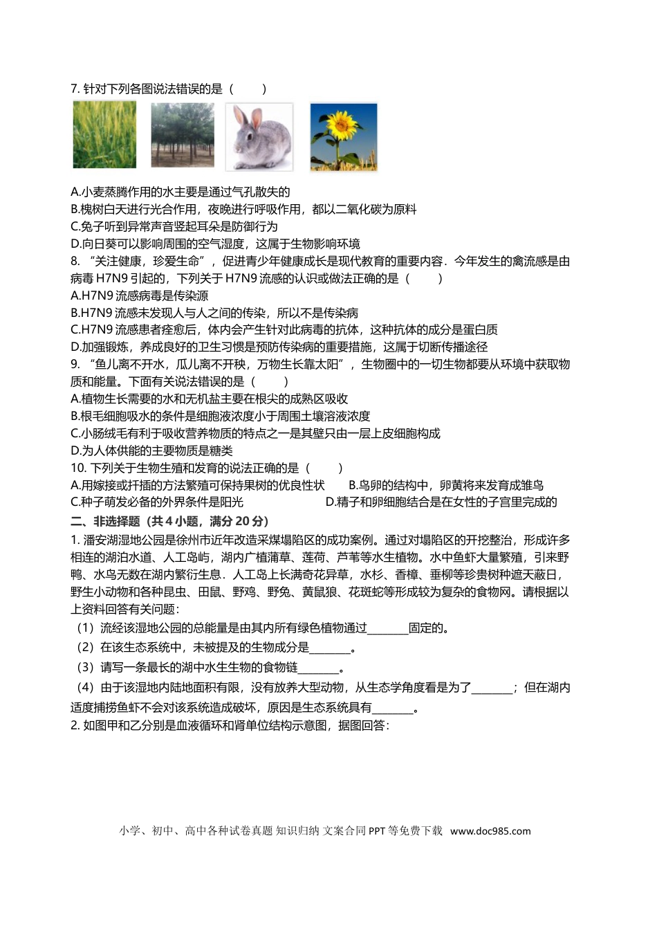 2013年江苏省徐州市中考生物试题及解析.doc