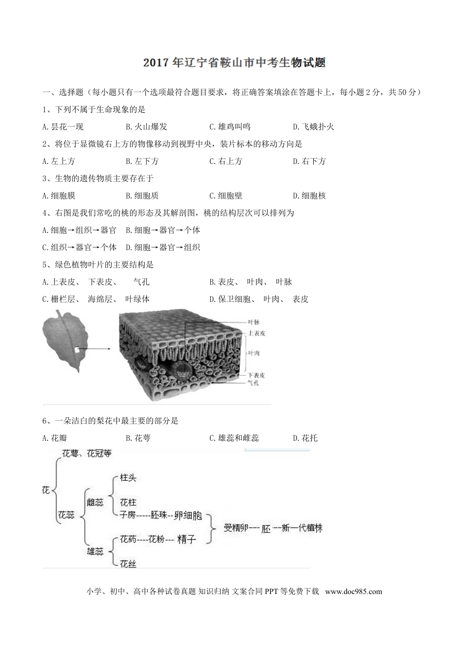 2017年辽宁省鞍山市中考生物试题（空白卷）.doc
