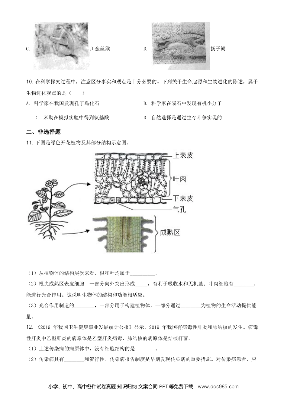2020年安徽省中考生物真题（空白卷）.doc