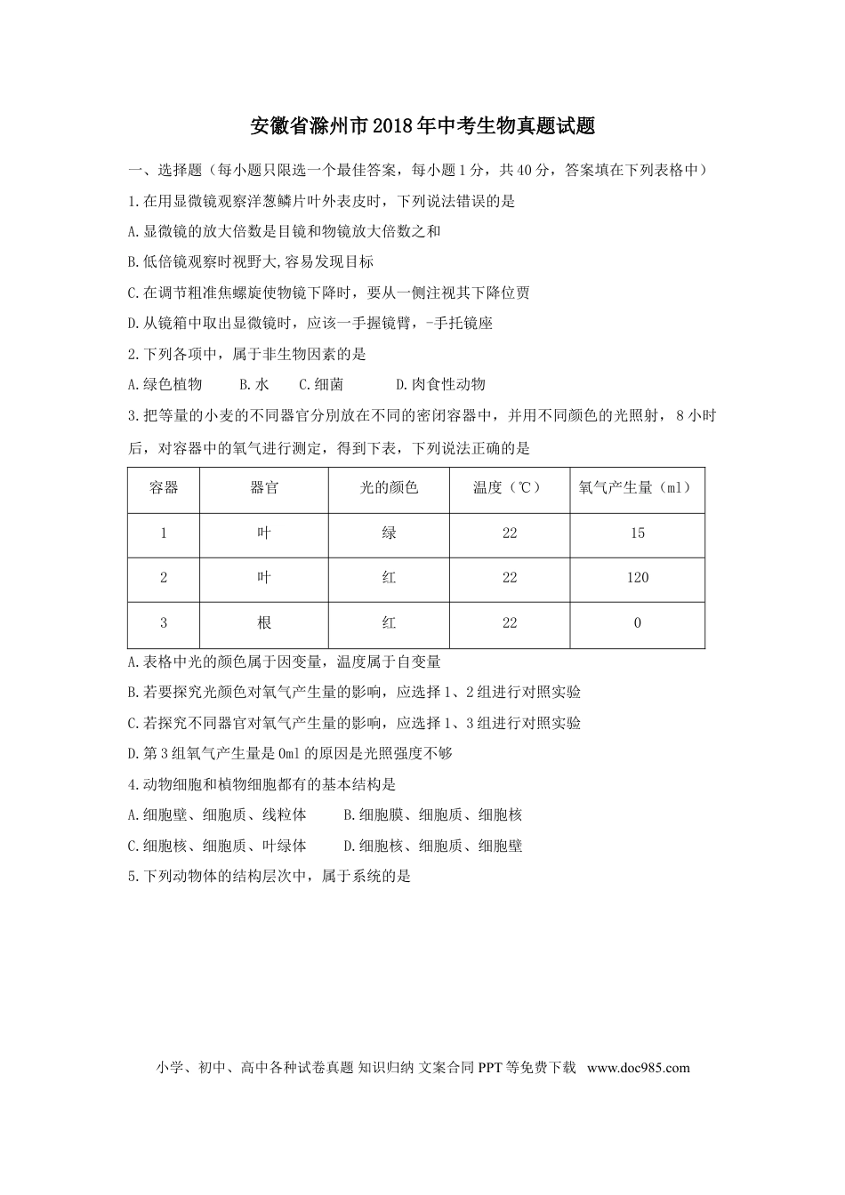 2018年安徽省滁州市中考生物真题（空白卷）.doc