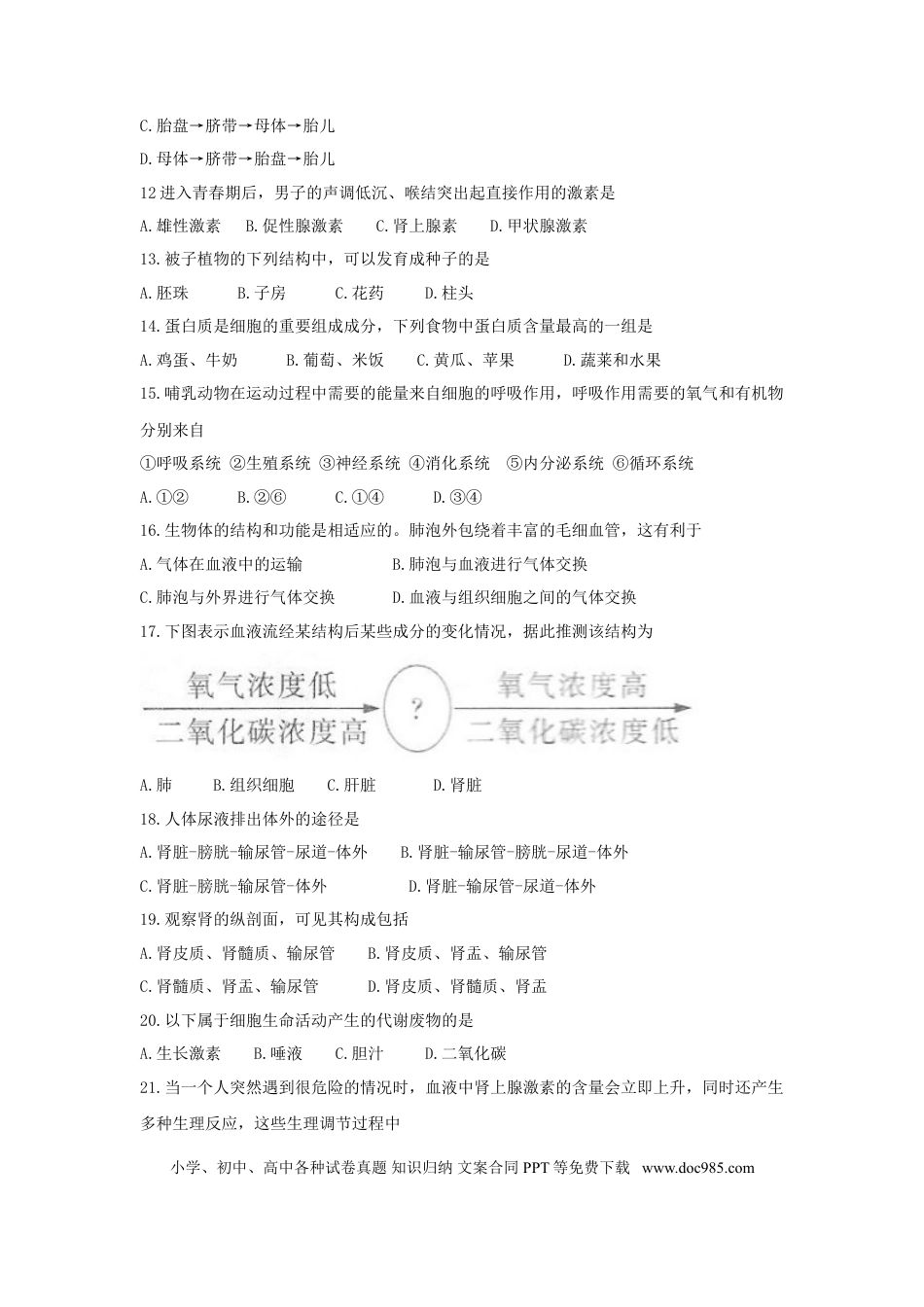 2018年安徽省滁州市中考生物真题（空白卷）.doc