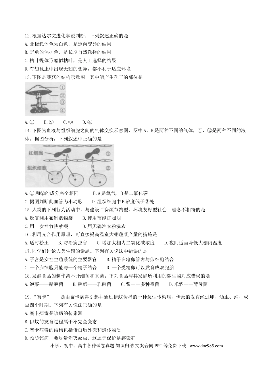 2017年安徽省桐城市中考生物真题（空白卷）.doc