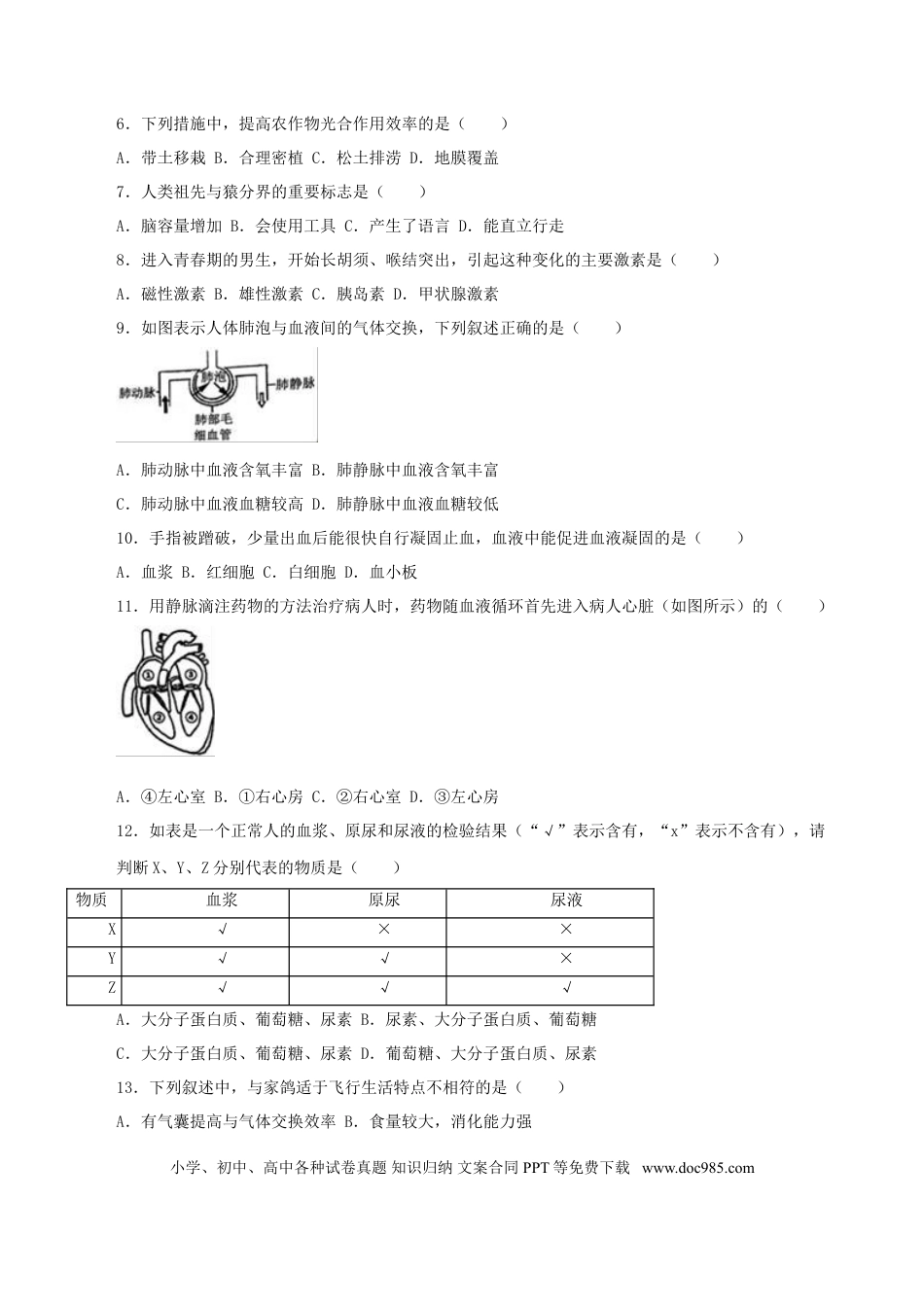 2016年安徽省安庆市中考生物真题（空白卷）.doc