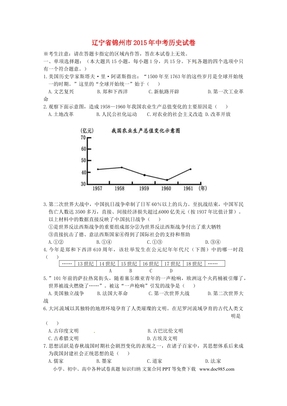 2015年辽宁省锦州市中考历史真题试题（含答案）.doc