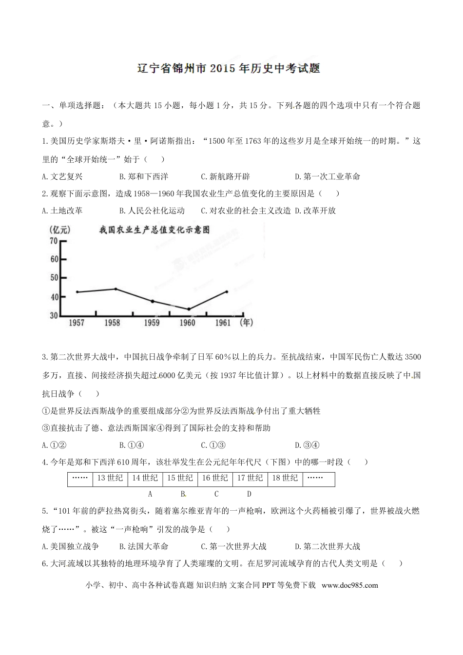2015年辽宁省锦州市中考历史试题（空白卷）.doc