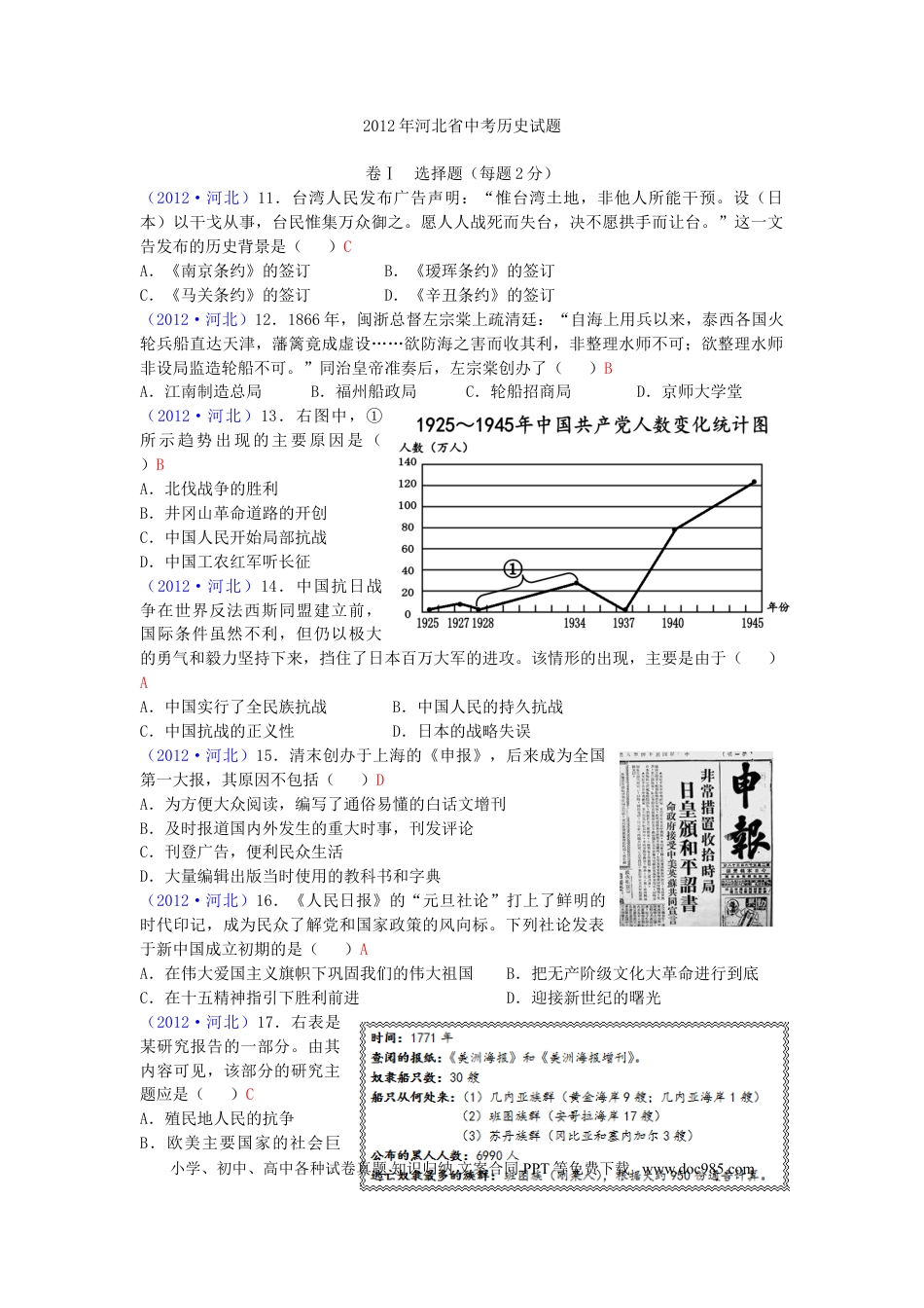 2012年河北省中考历史真题及答案.doc
