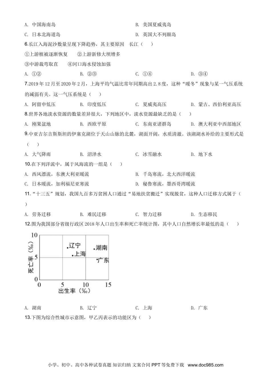 2020年上海高考地理真题（原卷版）.doc