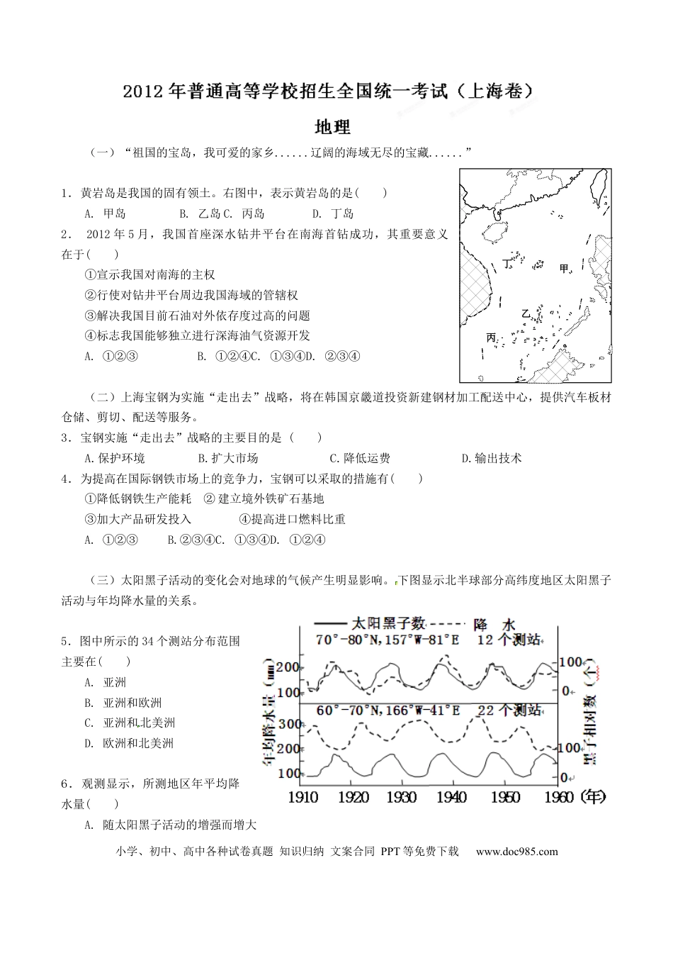 2012年上海高考地理真题（原卷版）.docx