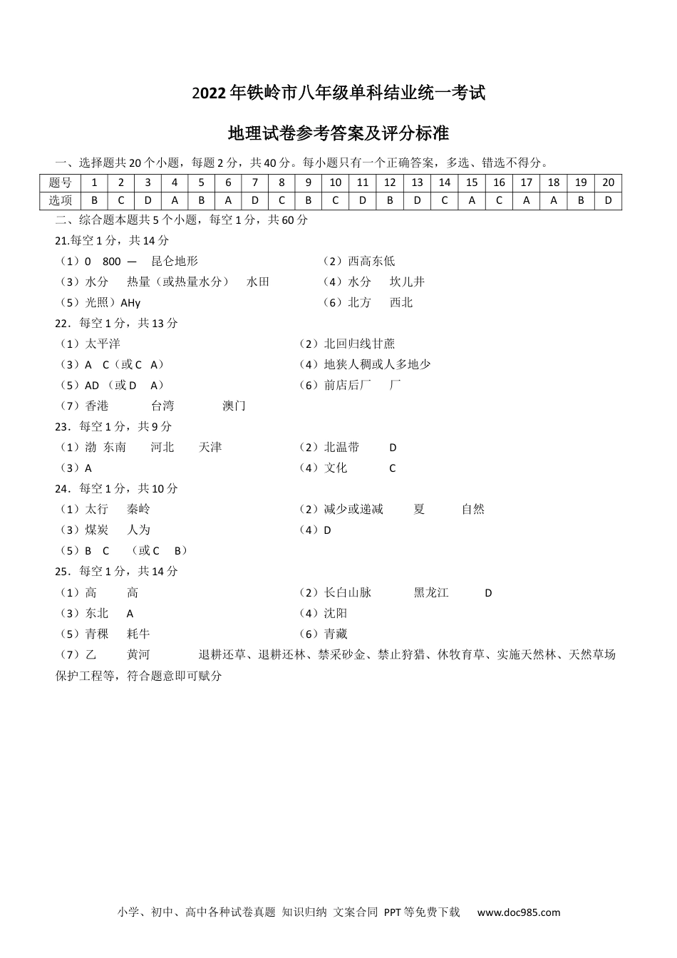 2022年辽宁省铁岭市中考地理真题（答案）.docx