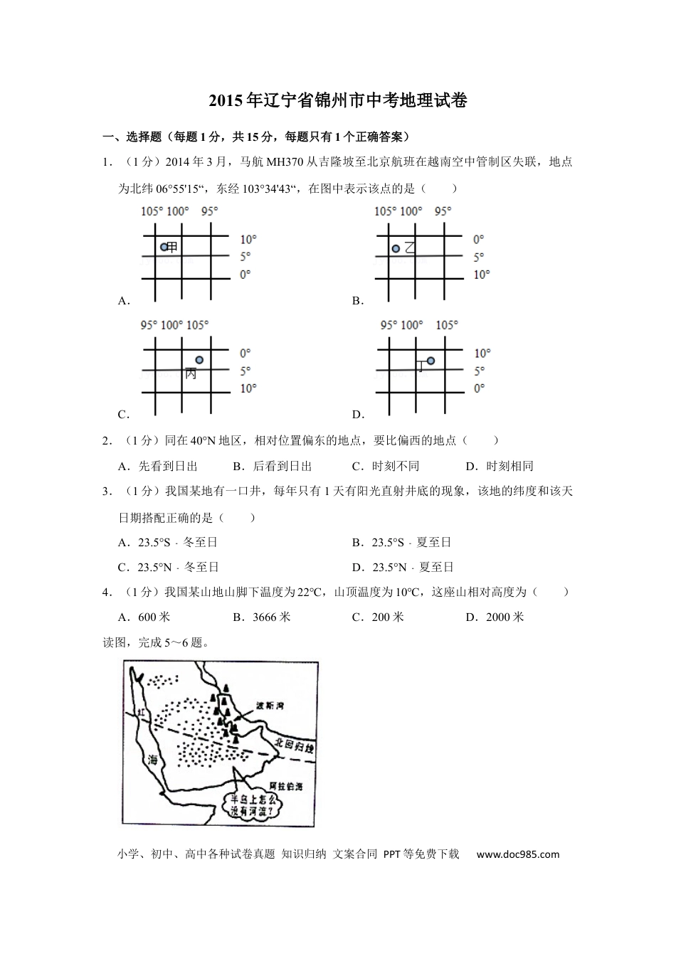 2015年辽宁省锦州市中考地理试题（空白卷）.docx