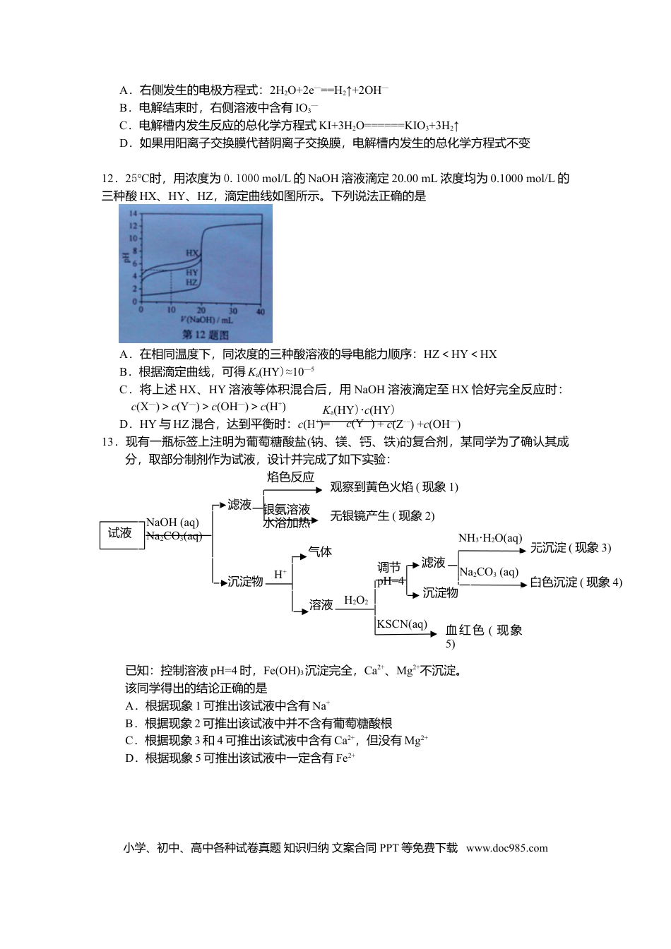 【免费下载】2013年浙江高考化学（原卷版）.doc