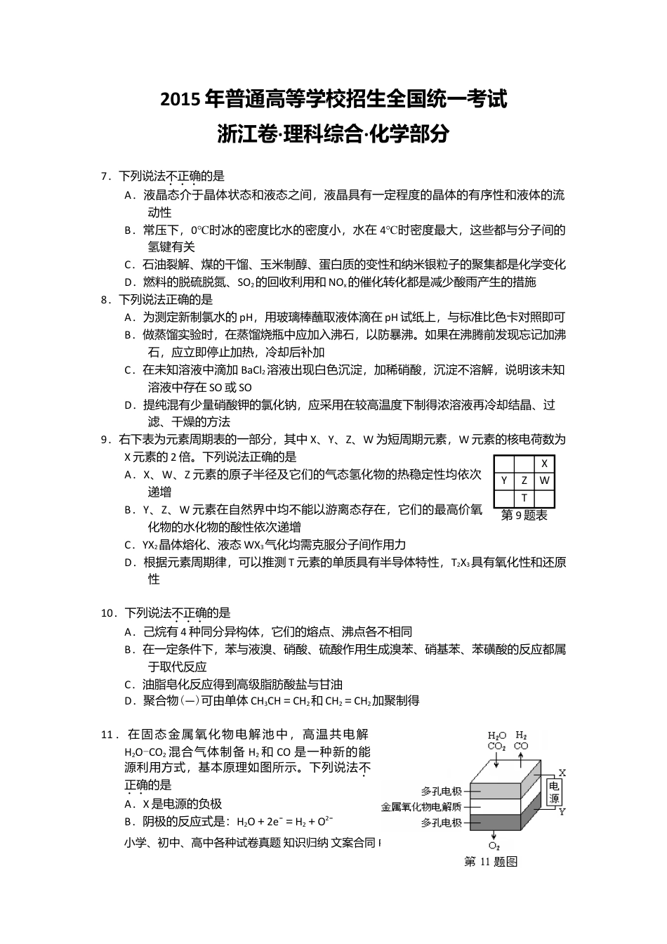 【免费下载】2015年浙江高考化学（解析版）.doc
