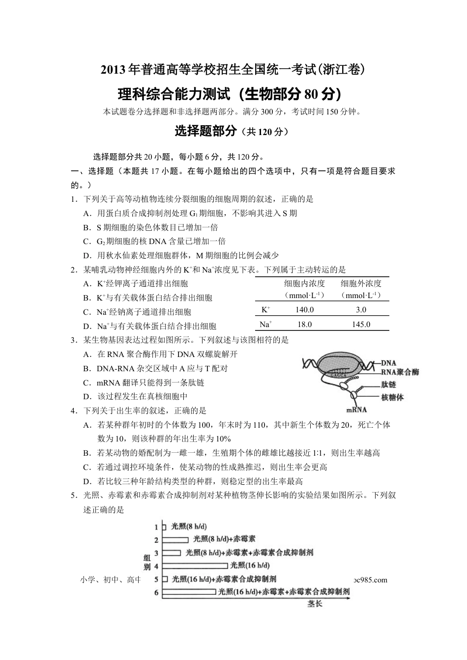【免费下载】2013年浙江高考生物（原卷版）.docx