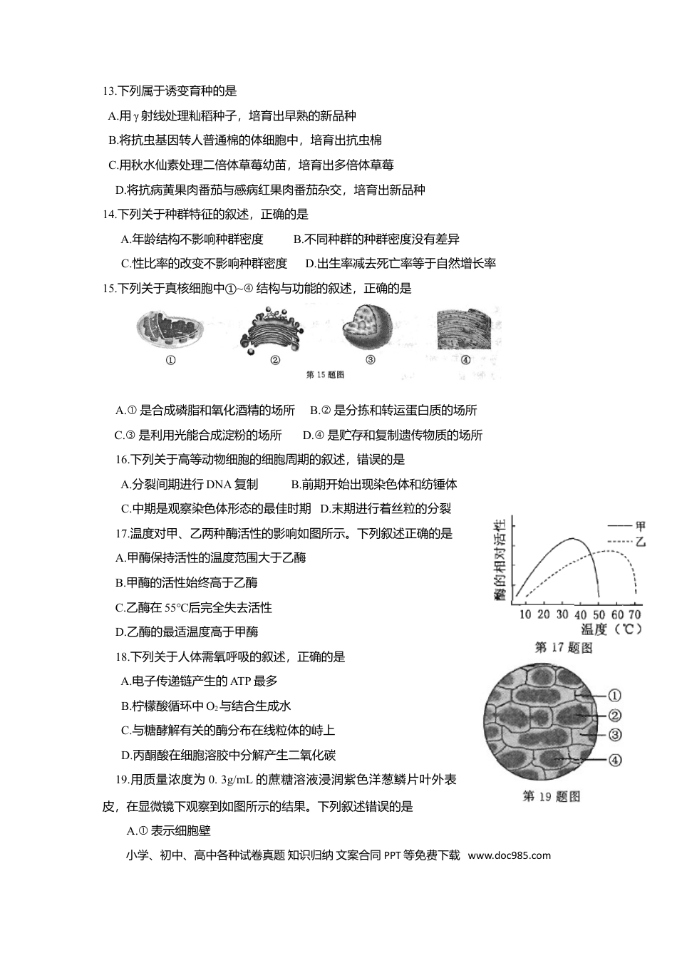【免费下载】2015年浙江高考生物【10月】（原卷版）.doc