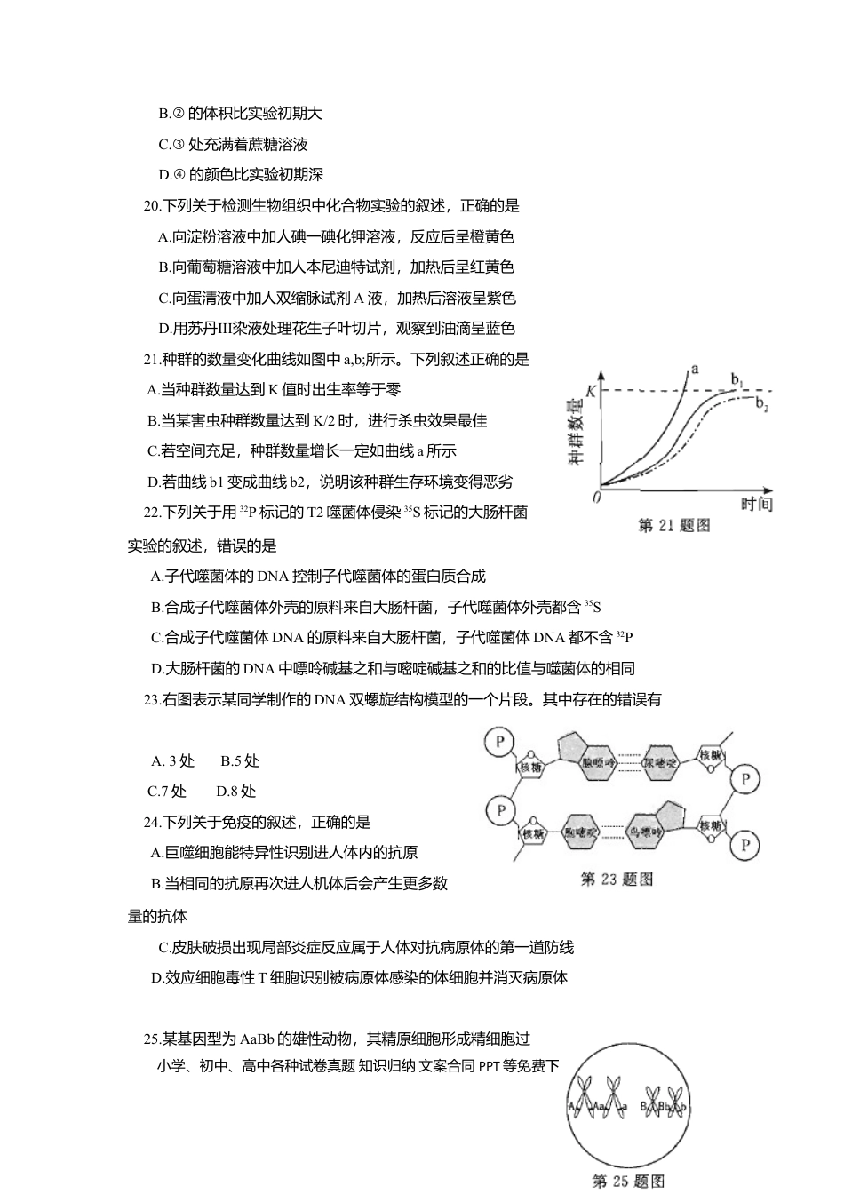 【免费下载】2015年浙江高考生物【10月】（原卷版）.doc