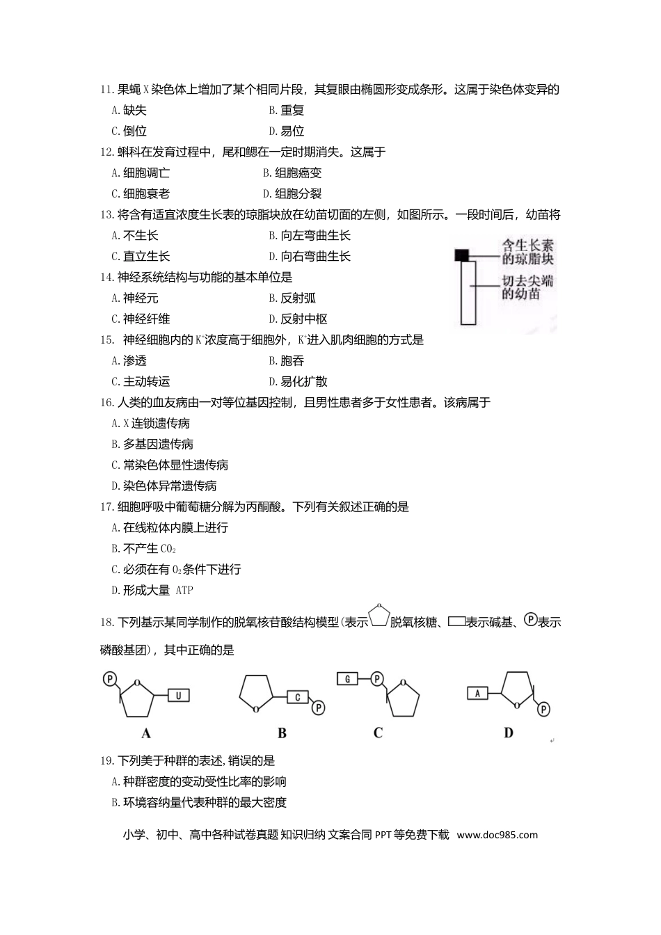 【免费下载】2016年浙江高考生物【04月】（原卷版）.doc