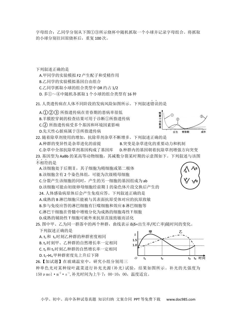 【免费下载】2016年浙江高考生物【10月】（原卷版）.docx