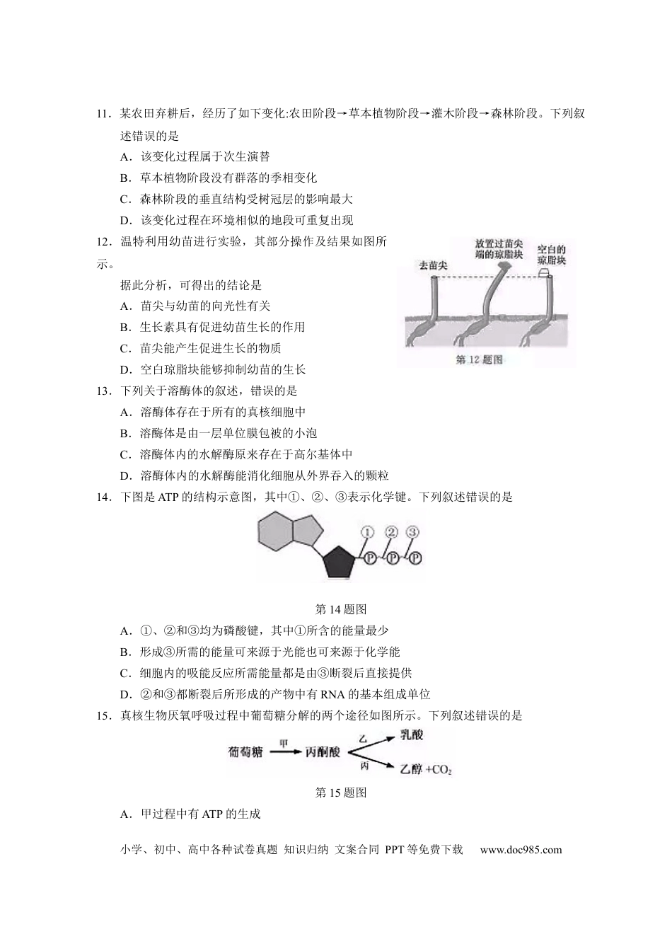 【免费下载】2019年浙江高考生物【01月】（原卷版）.docx