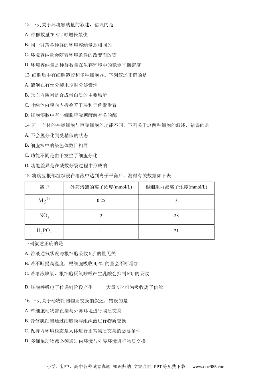 【免费下载】2019年浙江高考生物【04月】（原卷版）.docx