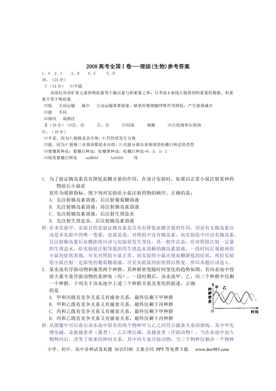 【免费下载】2008年浙江高考生物（解析版）.docx