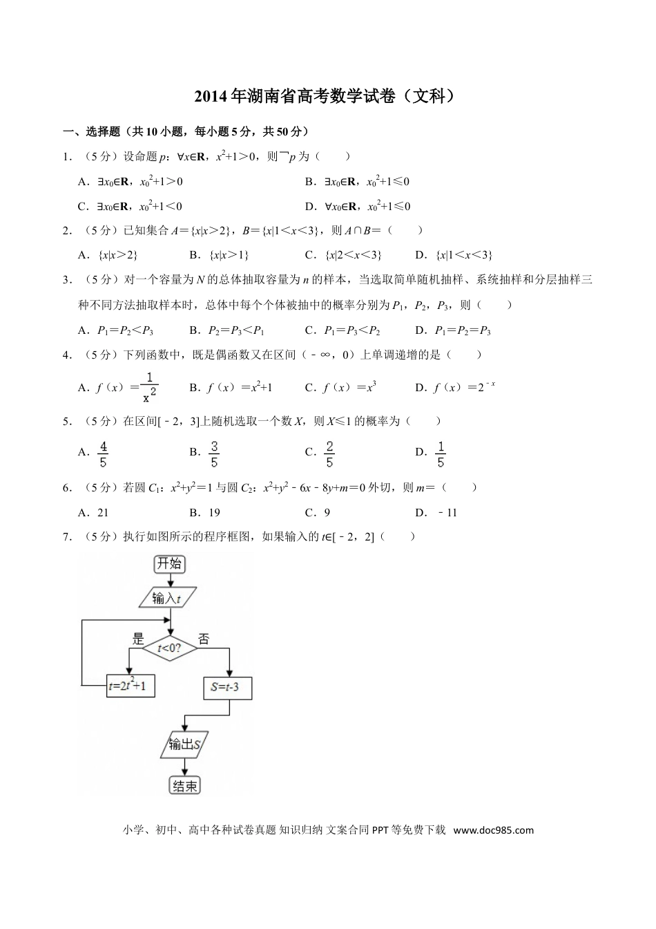 【免费下载】湖南2014年高考数学真题（文科）（湖南自主命题）（原卷版）.doc