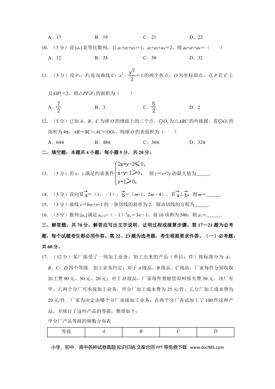 【免费下载】湖南2020年高考数学真题（文科）（新课标Ⅰ）（解析版）.doc