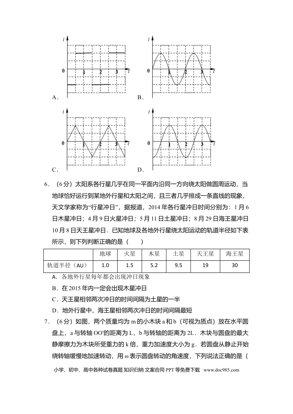 【免费下载】湖南2014年高考物理真题（新课标Ⅰ）（原卷版）.doc