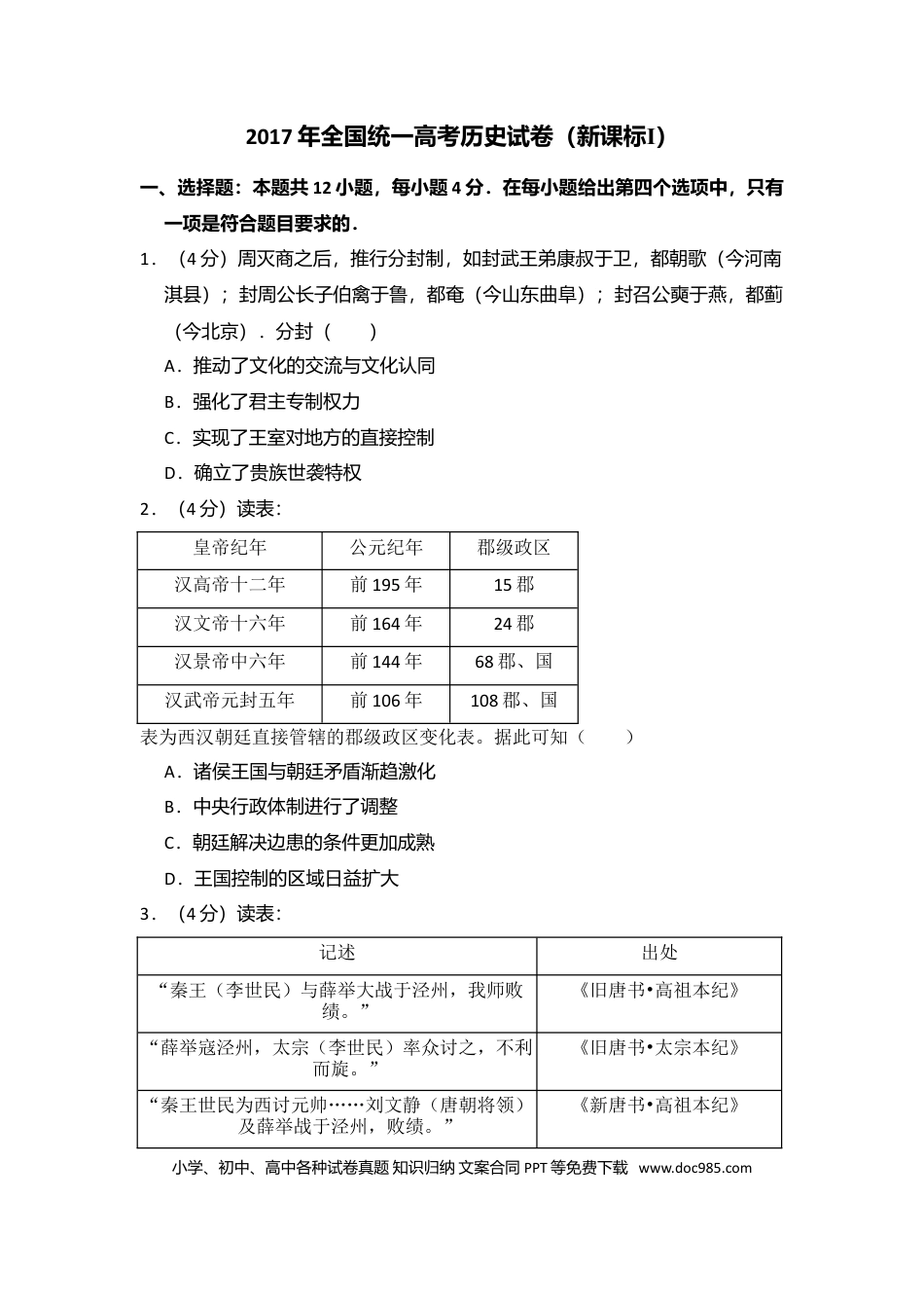 【免费下载】湖南2017年高考历史真题（新课标Ⅰ）（解析版）.doc