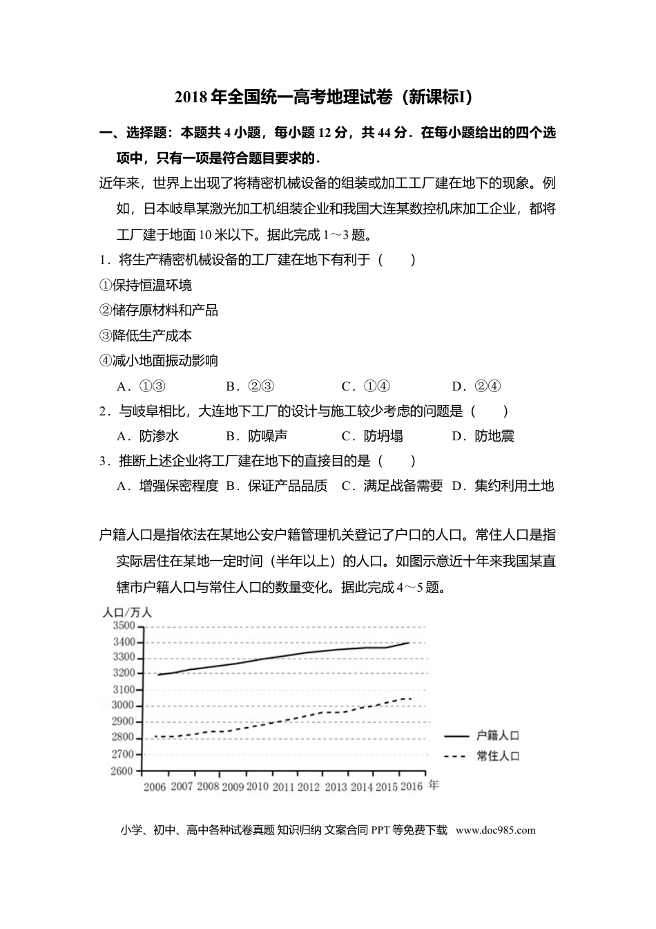 【免费下载】湖南2018年高考地理真题（新课标Ⅰ）（原卷版）.doc