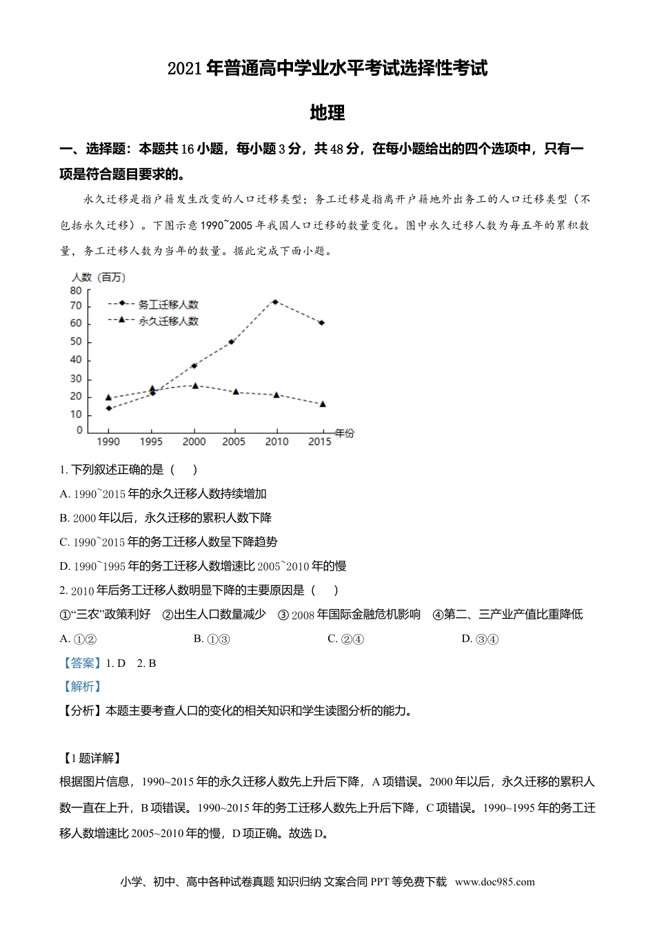 【免费下载】湖南2021年高考地理真题（湖南自主命题）（解析版）.doc