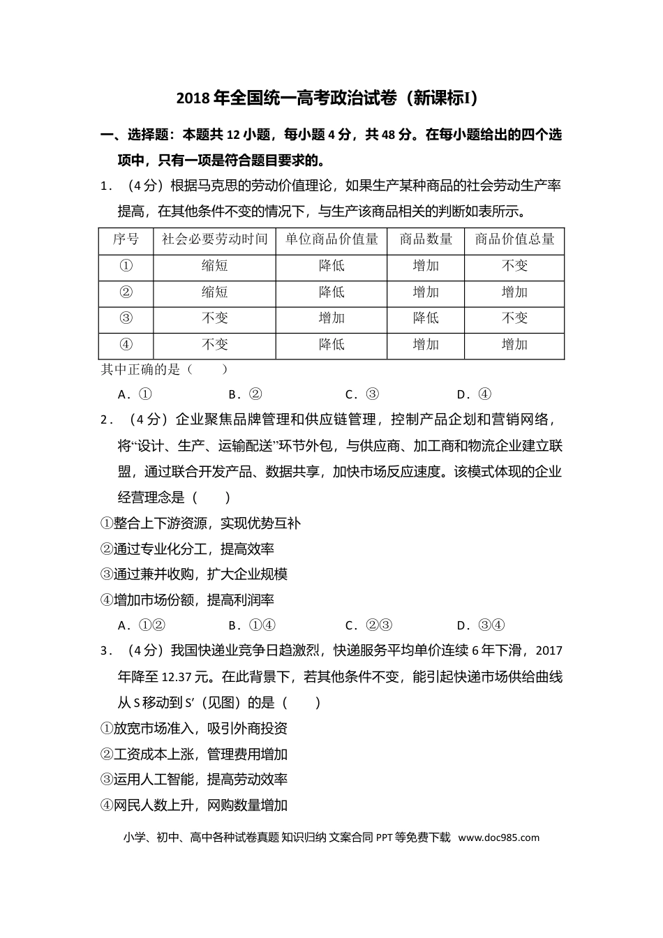 【免费下载】湖南2018年高考政治真题（新课标Ⅰ）（原卷版）.doc
