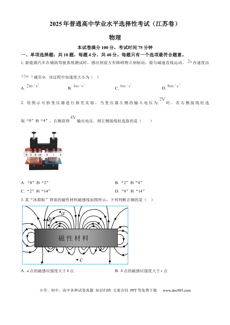 2025年高考物理真题（江苏自主命题）（原卷版）.docx